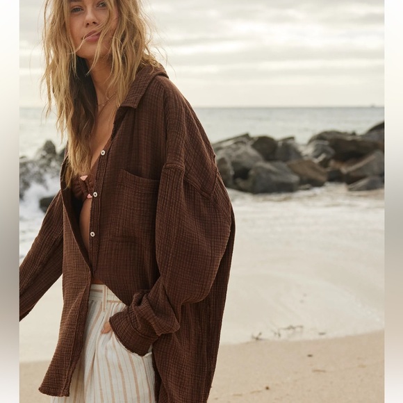 aerie Tops - aerie Brown Gauzy Button-Up Coverup Shirt